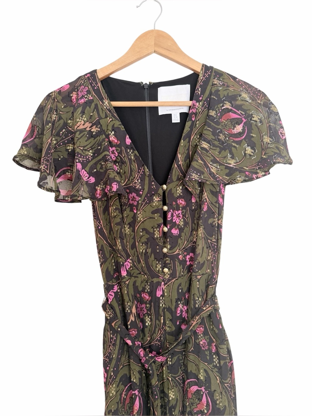 Anthropologie Olive Brenda Green Floral Jumpsuit with Pink Accents Sz 2 - Picture 6 of 11